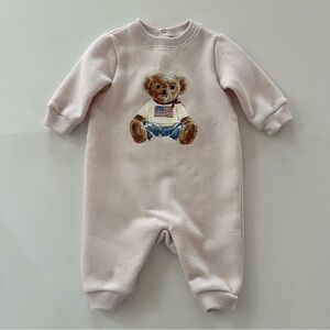 Ralph Lauren 3 Months Baby Girl Light Pink Polo Teddy Bear Romper Flag